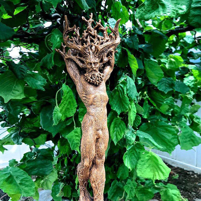 Sacred Moon Candle Co hand carved wooden altar staff featuring The Green Man Woman Statue design for rituals