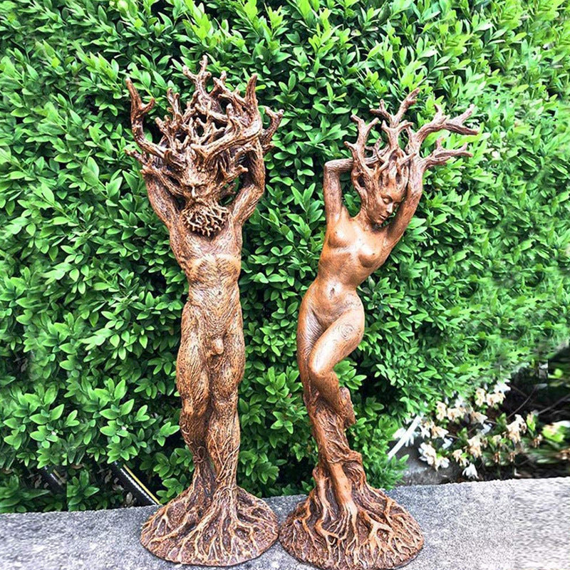 The Green Man Woman Statue set by Sacred Moon Candle Co bronze tree figures with root bases
