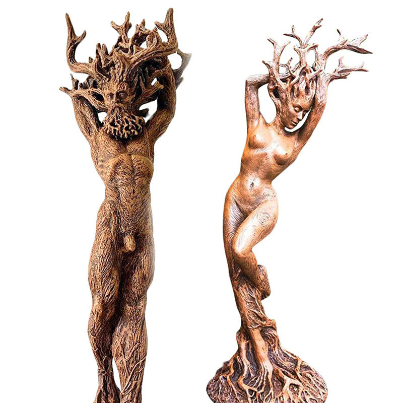 Sacred Moon Candle Co The Green Man Woman Statue set bronze tree man and tree woman altar statues with detailed roots