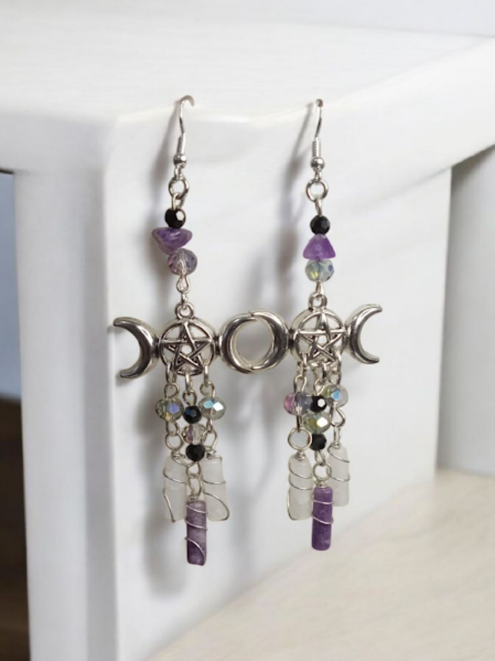 Sacred Moon Candle Co triple moon goddess earrings with silver crescent moons and decorative beads