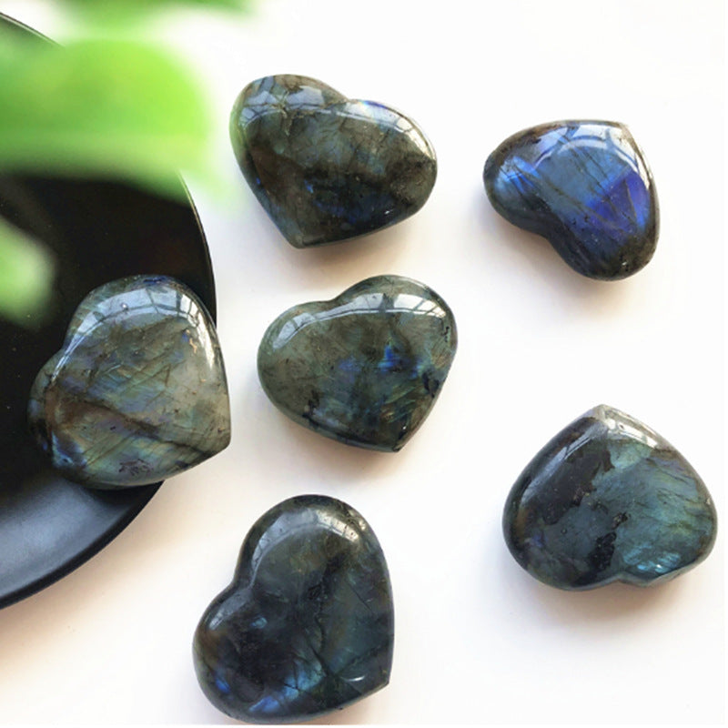 Set of six polished labradorite heart crystal stones for altar tools by Sacred Moon Candle Co