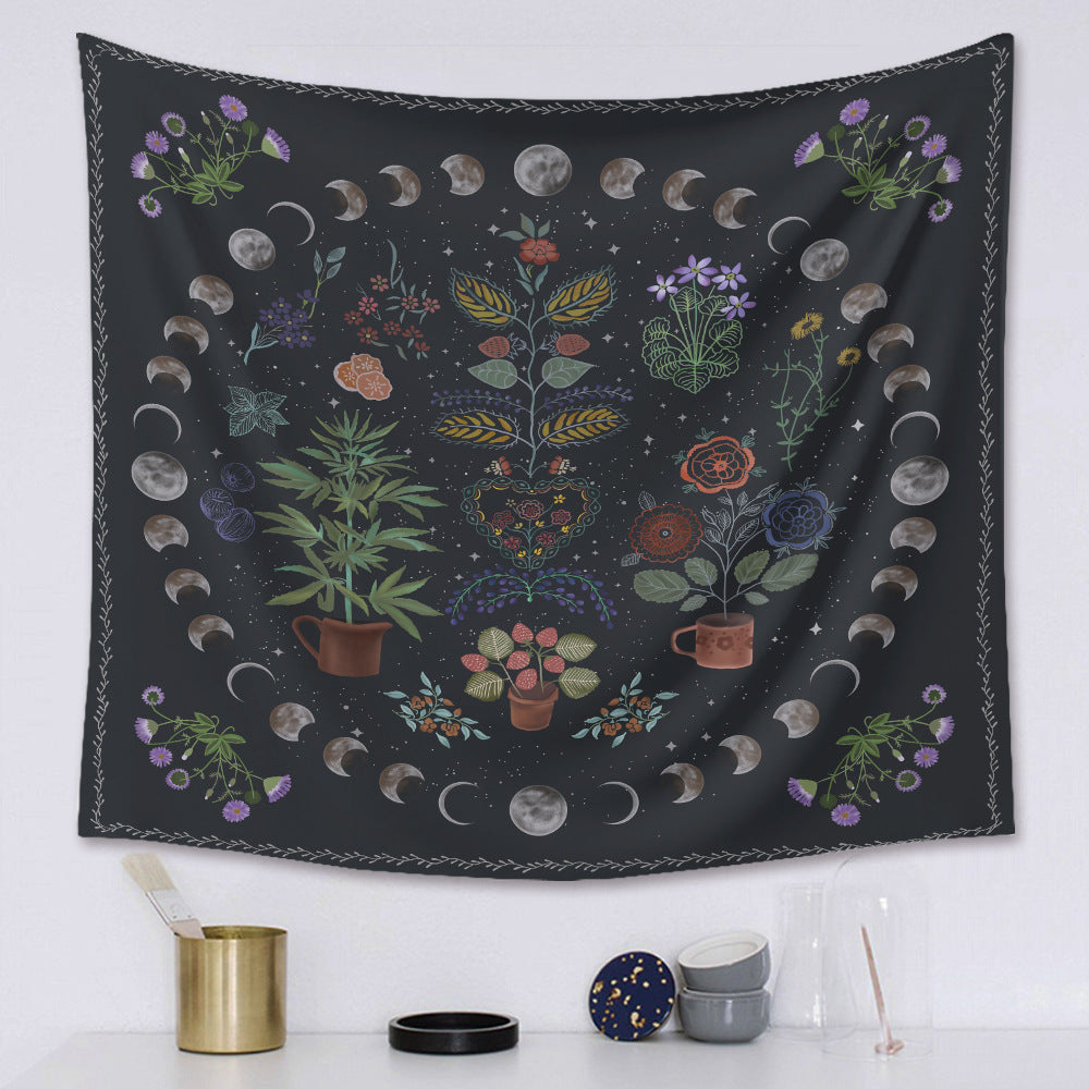 Sacred Moon Candle Co moon phase tapestry featuring moon phases and colorful potted plants on black background