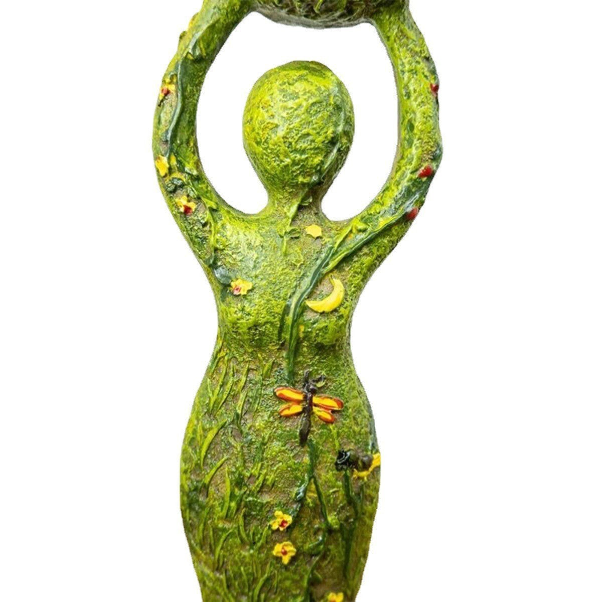 Green goddess altar statue by Sacred Moon Candle Co textured resin figure with flowers and dragonfly