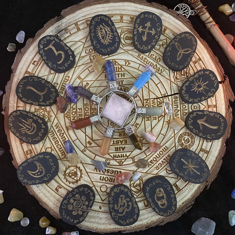 Sacred Moon Candle Co wooden altar rune set with black engraved stones rose quartz and Runes spiritual divination tools