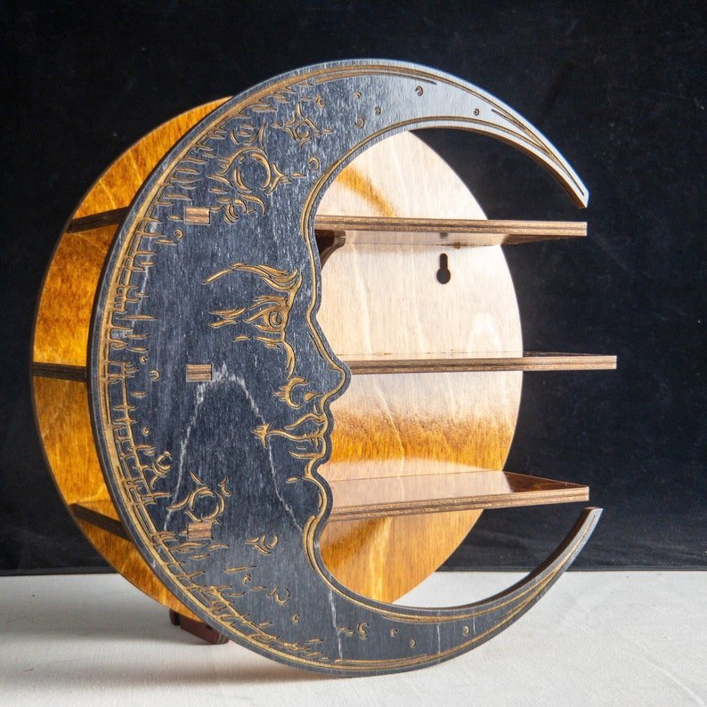 Sacred Moon Candle Co wooden gypsy moon altar shelf crescent wall shelf with carved moon face and three tiers