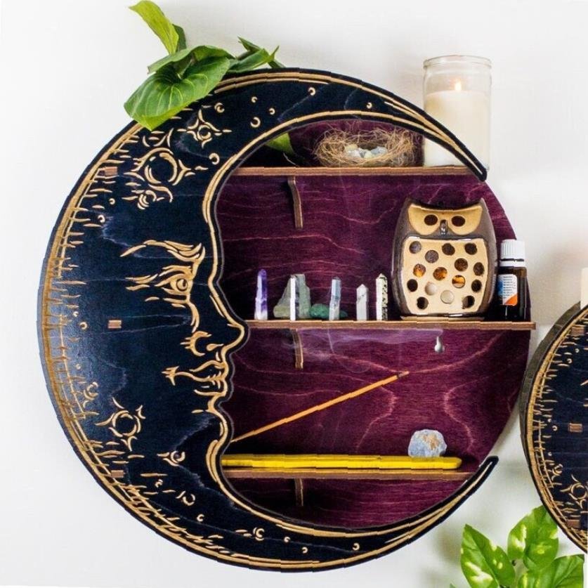 Sacred Moon Candle Co gypsy moon altar shelf crescent wall shelf with crystals owl incense candle