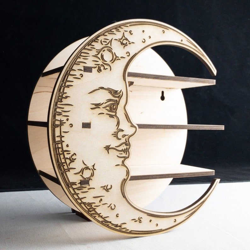 Wooden crescent moon wall shelf with carved face and three tiers Sacred Moon Candle Co gypsy moon altar shelf