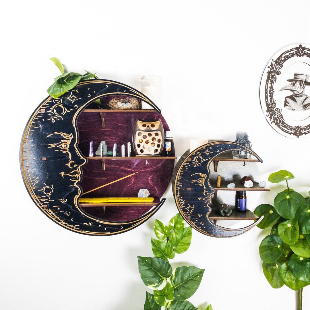 gypsy moon altar shelf two crescent wall shelves black gold with purple interior holding crystals and candles