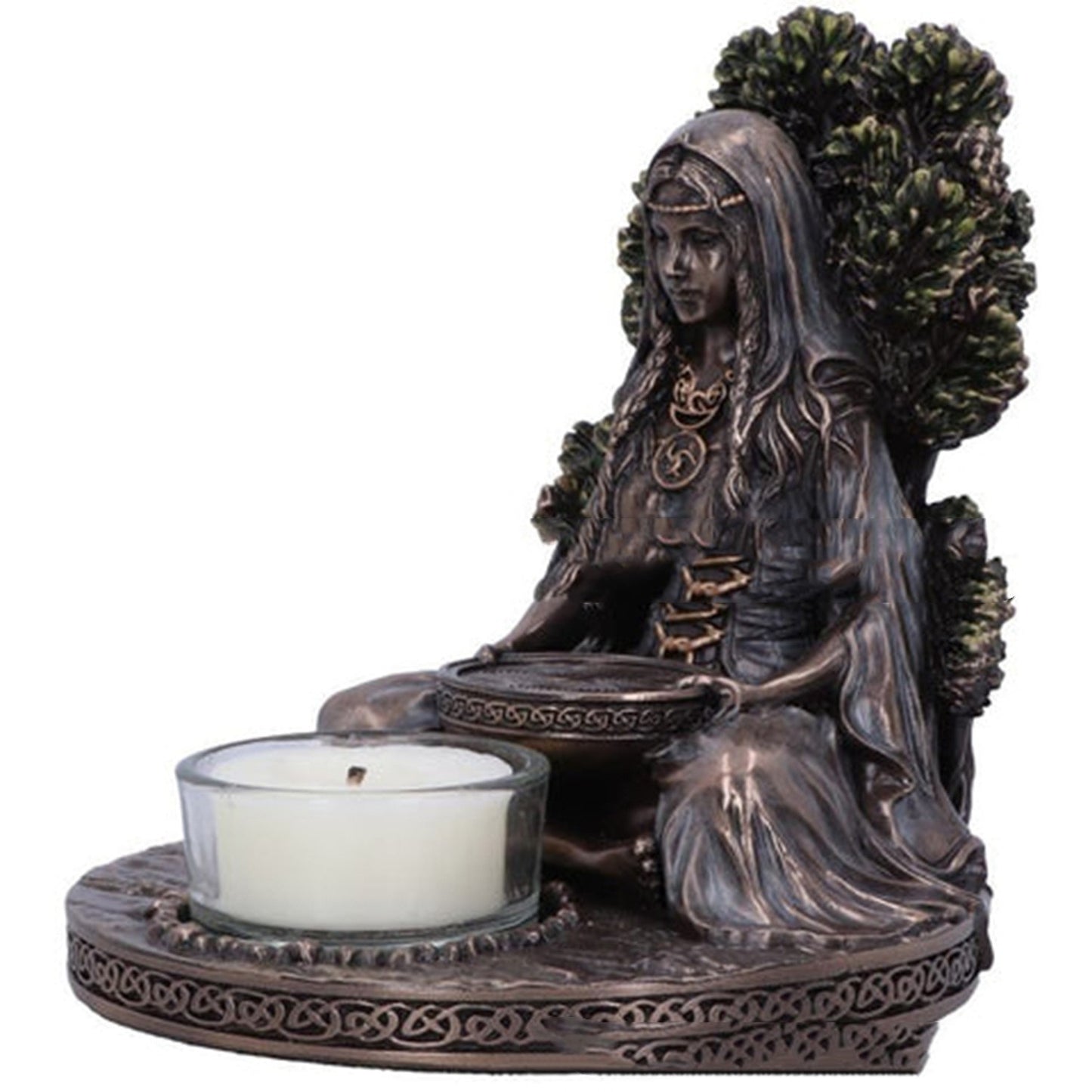 Celtic Goddess Danu tealight altar decor bronze statue holder with seated goddess bowl and tree backdrop