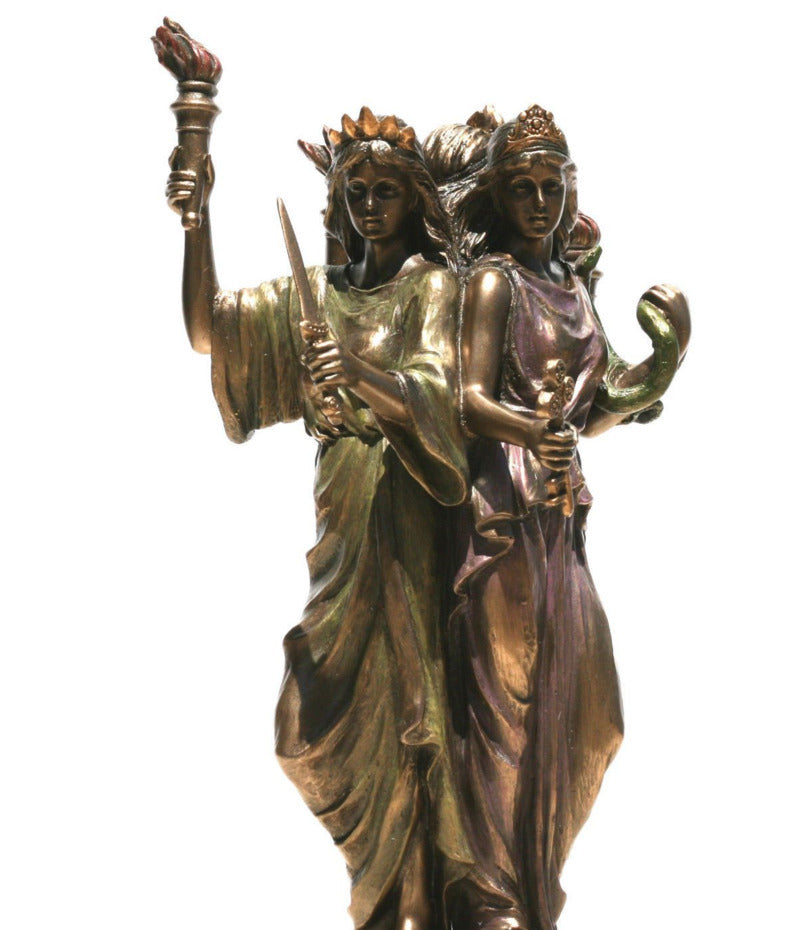 Bronze triple goddess Hekate altar statue holding torch key and dagger for ritual altars