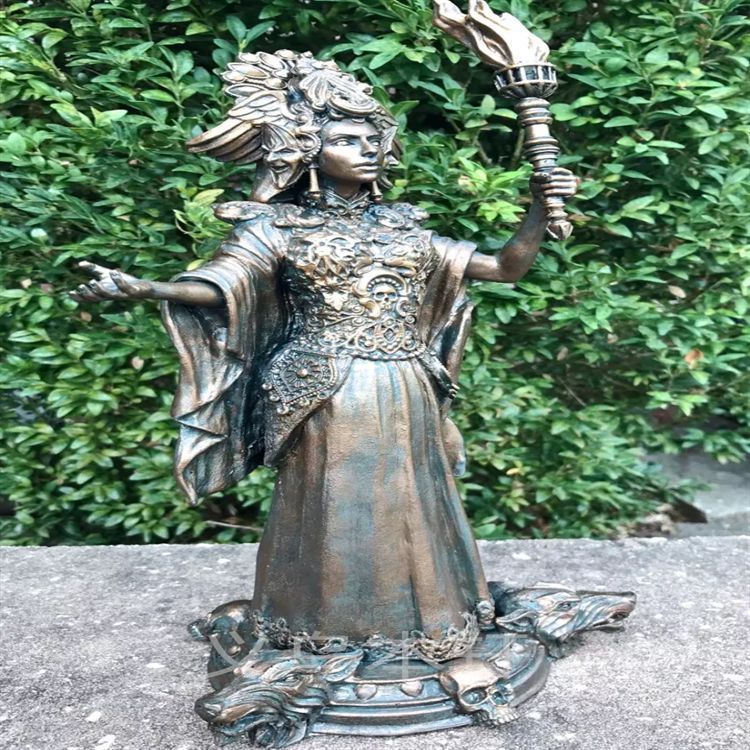 Sacred Moon Candle Co Hekate goddess statue bronze torch holding figure with ornate headdress and three dog base