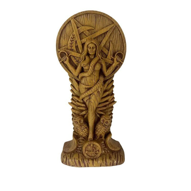 Sacred Moon Candle Co carved wood Lilith goddess altar statue with serpent owls and pentagram for altar display