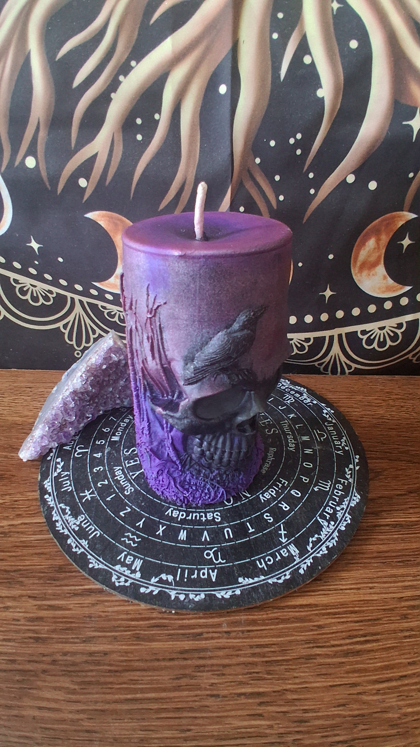 Pink, Purple, and Black Nightshade Elixir Skull and Raven Pillar Candle