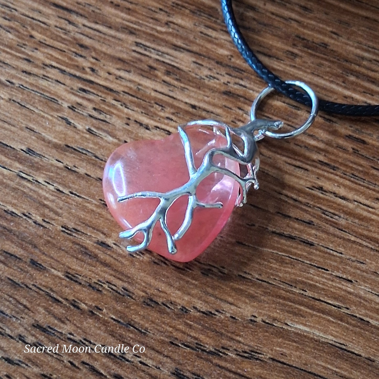 Cherry Quartz Tree Branch Wrapped Heart Stone Pendant Necklace