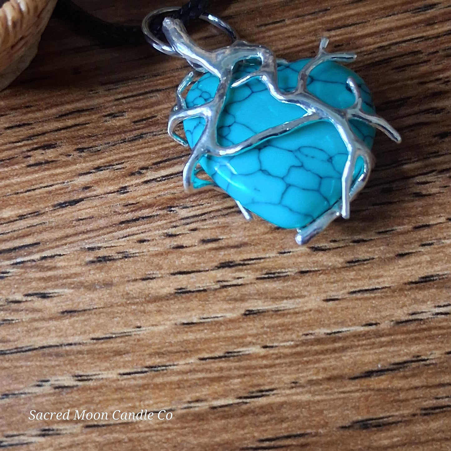 Turquoise Tree Branch Wrapped Heart Stone Pendant Necklace