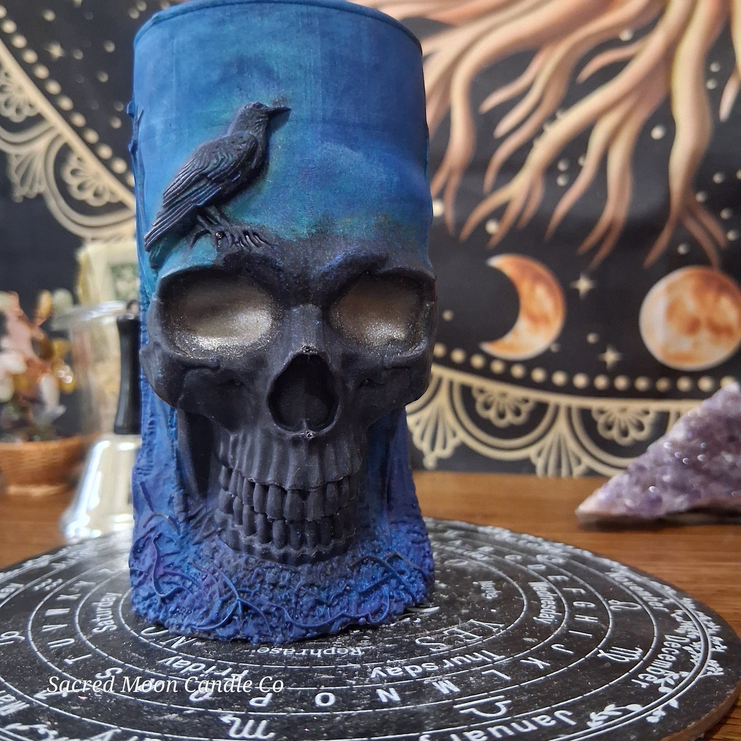 Blue and Black Nightshade Elixir Skull and Raven Pillar Candle