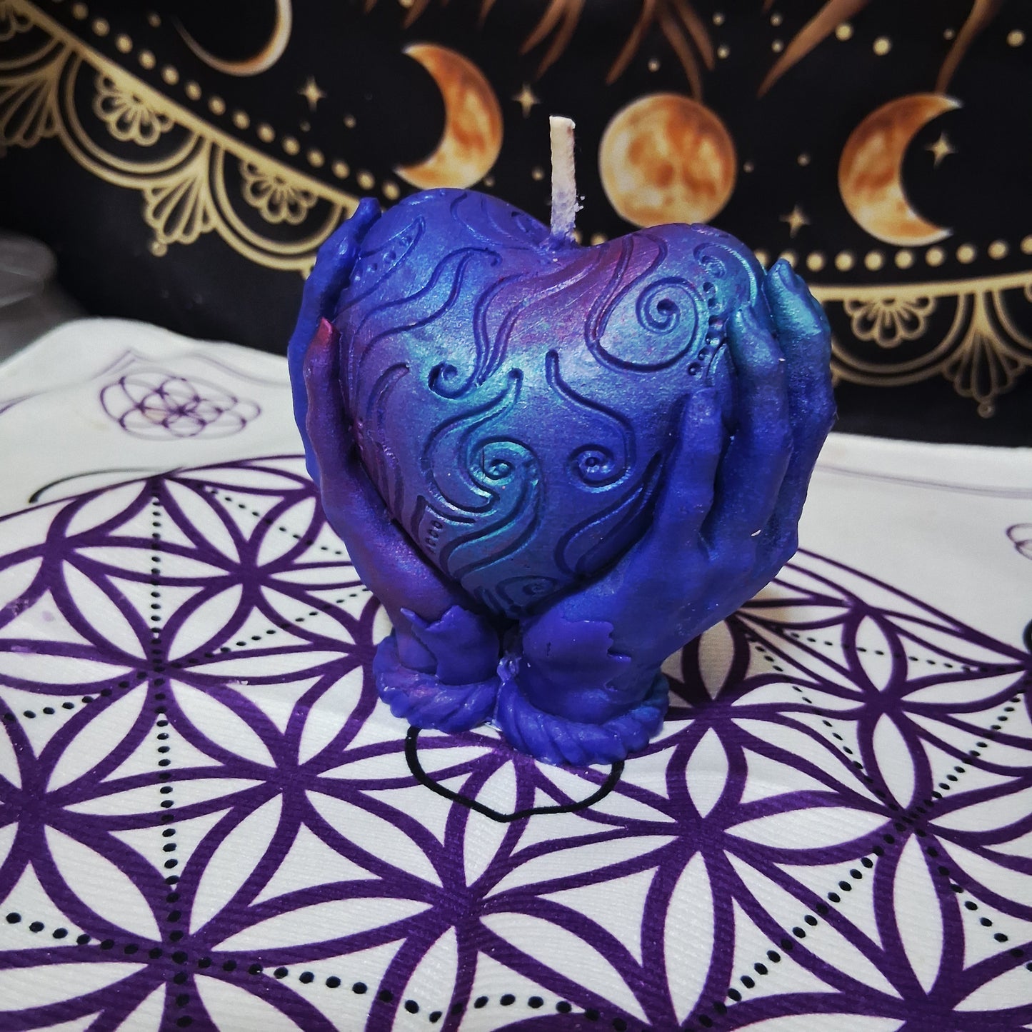 Celestial Embrace Flaming Heart in Hands Candle