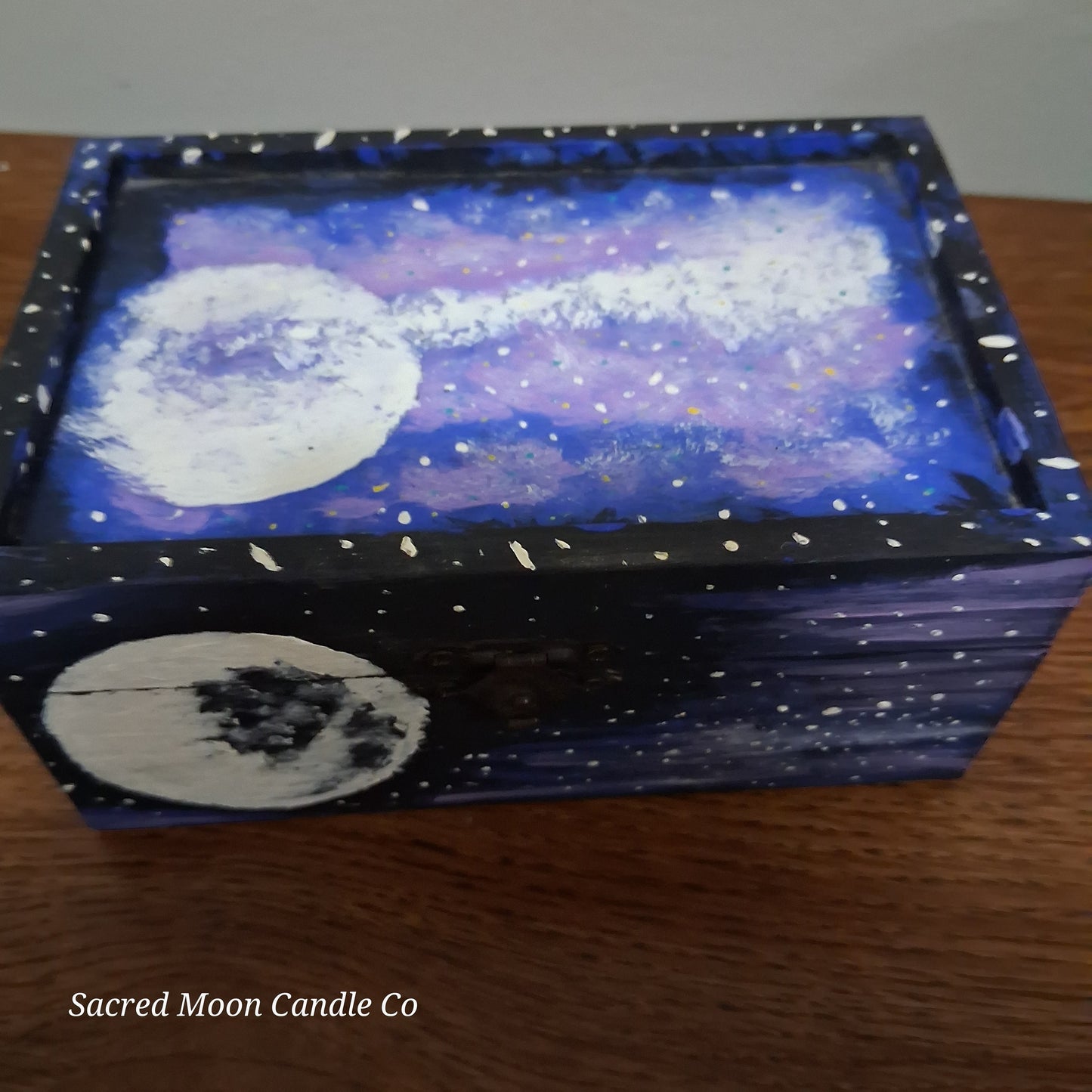 Sacred Moon Candle Co handpainted cosmic apothecary box wooden keepsake box with purple galaxy and moon art