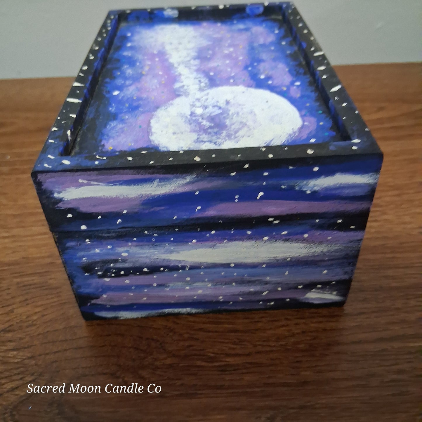 Sacred Moon Candle Co handpainted cosmic apothecary box with purple galaxy moon design and star speckles