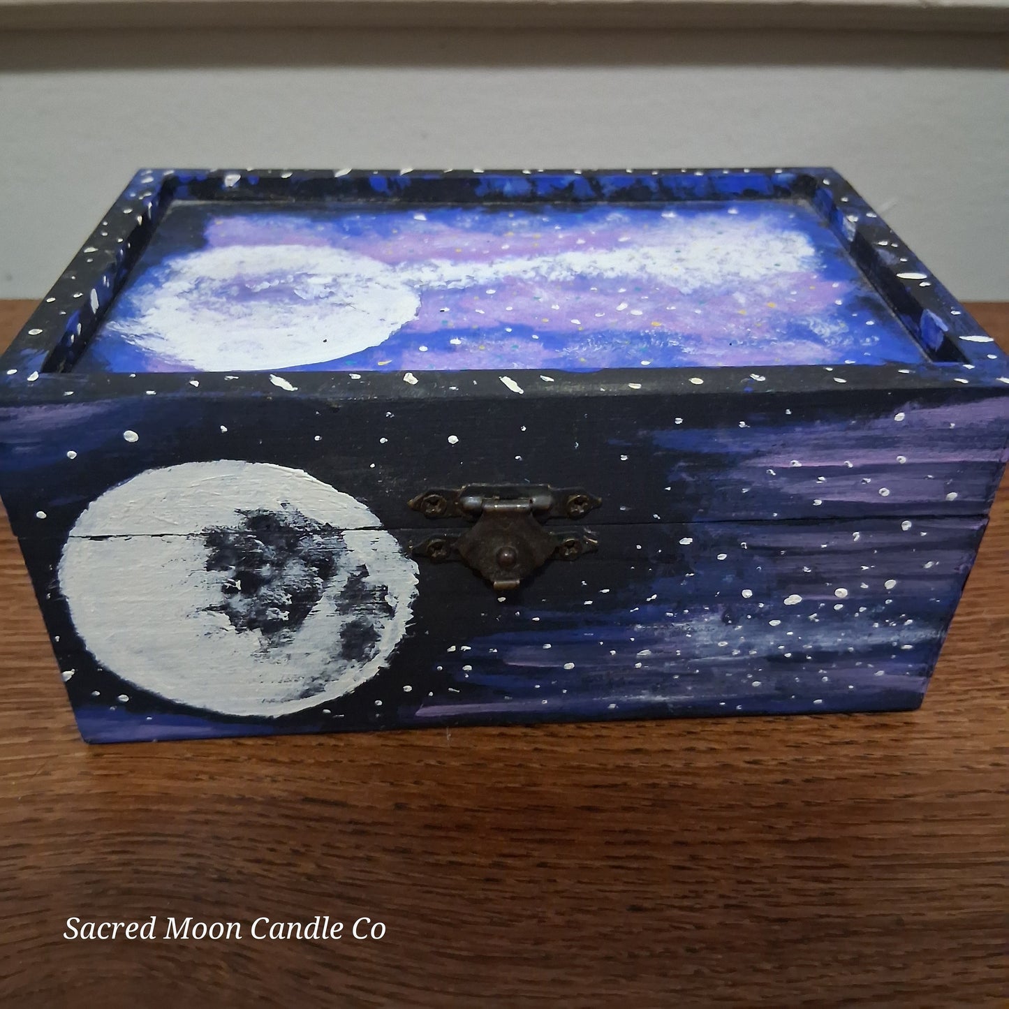 Sacred Moon Candle Co handpainted cosmic apothecary box wooden moon and galaxy storage for jewelry and keepsakes