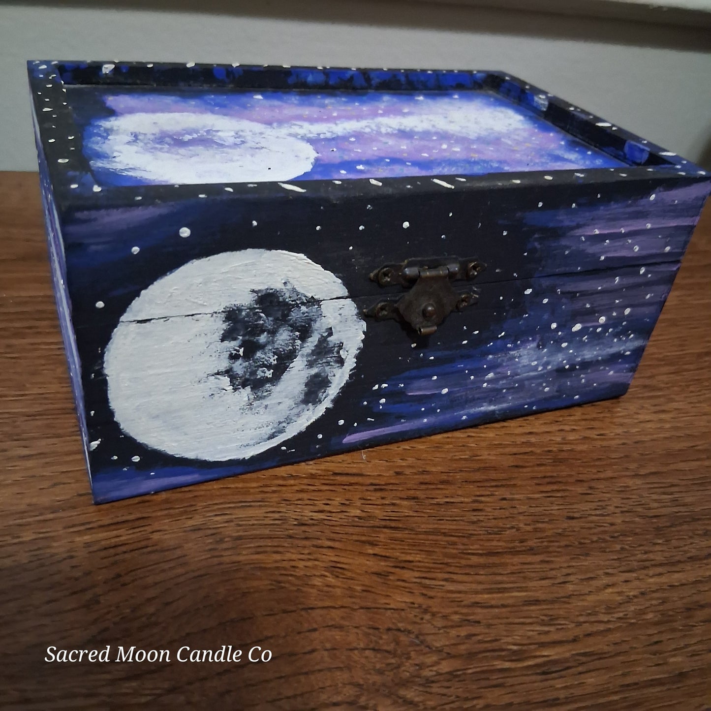 Sacred Moon Candle Co handpainted cosmic apothecary box with moon motifs starry purple galaxy and latch