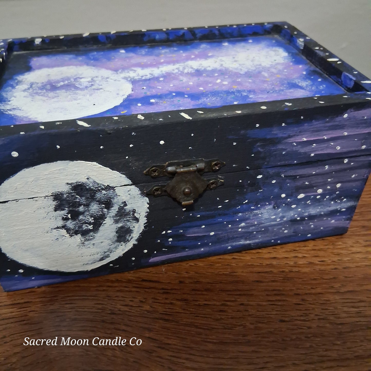 Sacred Moon Candle Co handpainted cosmic apothecary box wooden box with purple galaxy moons and vintage metal clasp