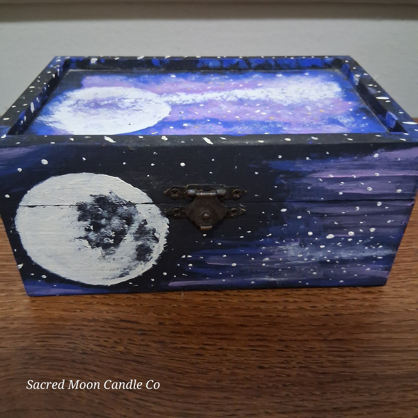 Sacred Moon Candle Co handpainted cosmic apothecary box with moon and star galaxy design for jewelry or keepsakes