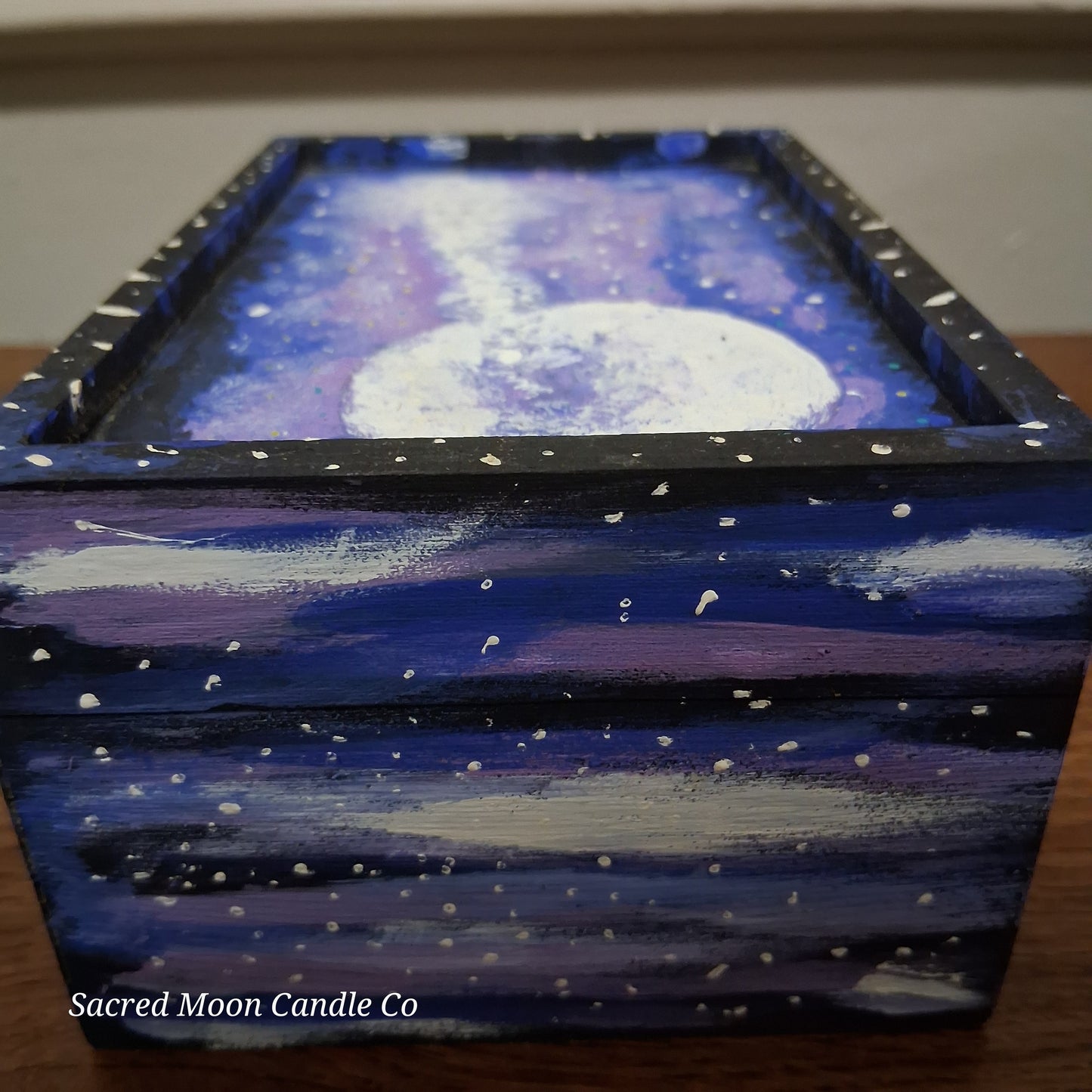 Sacred Moon Candle Co handpainted cosmic apothecary box with purple blue moon and white star speckles