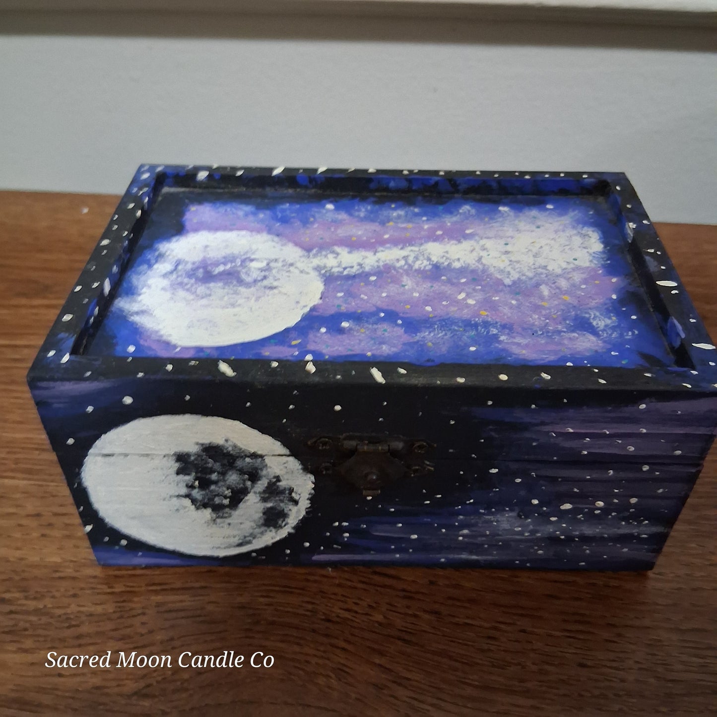Sacred Moon Candle Co handpainted cosmic apothecary box with purple blue galaxy design moons stars metal latch