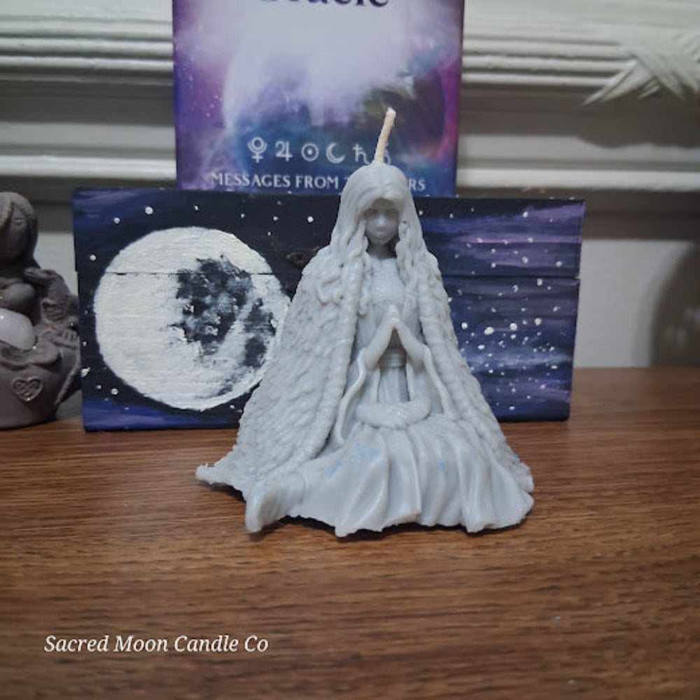 Sacred Moon Candle Co Mother Earth goddess candle white sculpted seated goddess figure