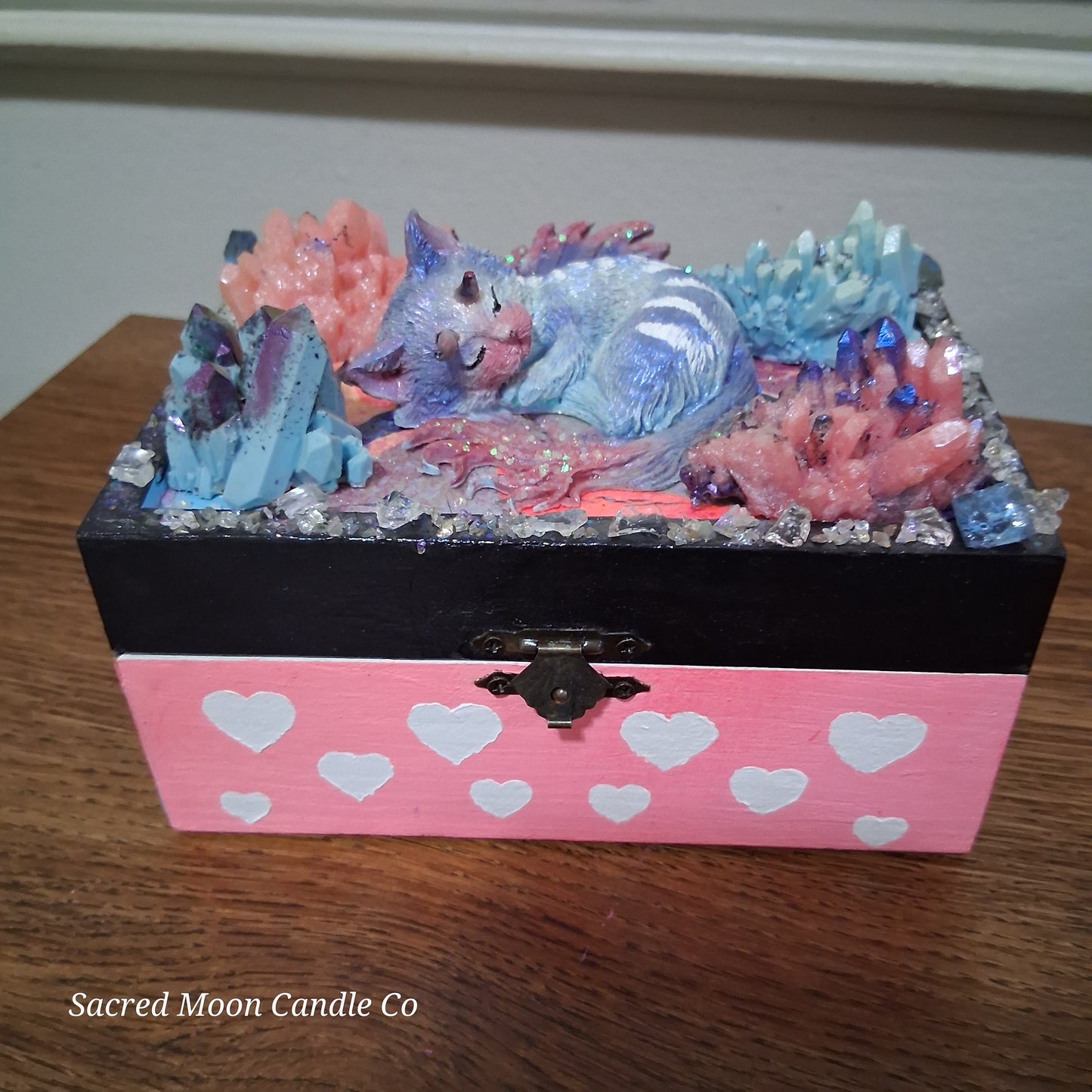 Sacred Moon Candle Co mystical cat dragon apothecary box with sleeping painted cat pastel crystals and pink heart wooden box