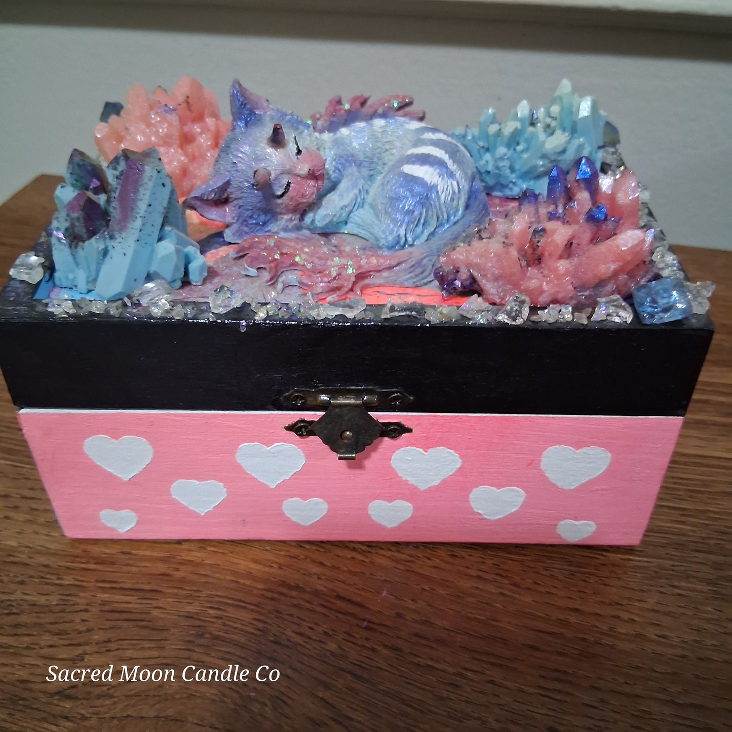 Sacred Moon Candle Co mystical cat dragon apothecary box with sleeping cat dragon and pastel crystal clusters