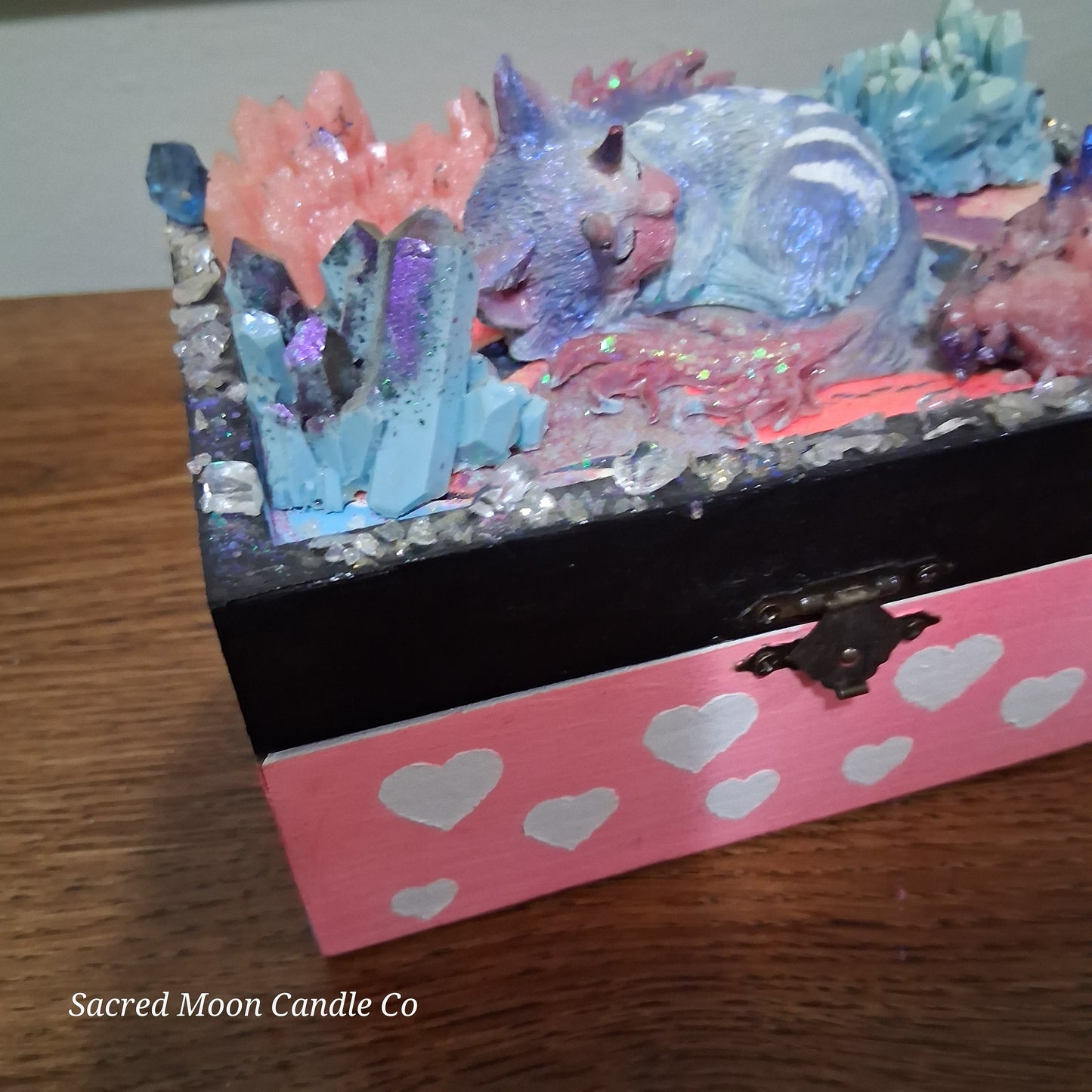 Sacred Moon Candle Co mystical cat dragon apothecary box with sleeping dragon cat and pastel crystal accents