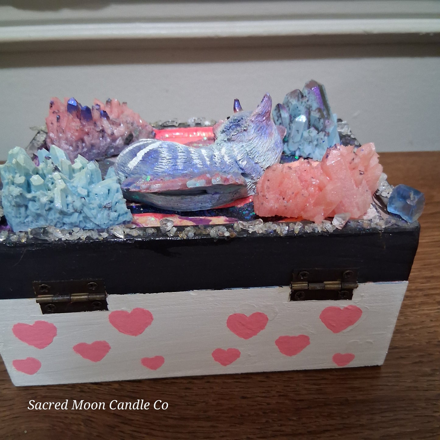 Sacred Moon Candle Co mystical cat dragon apothecary box handcrafted altar tool with crystals and sleeping cat figurine