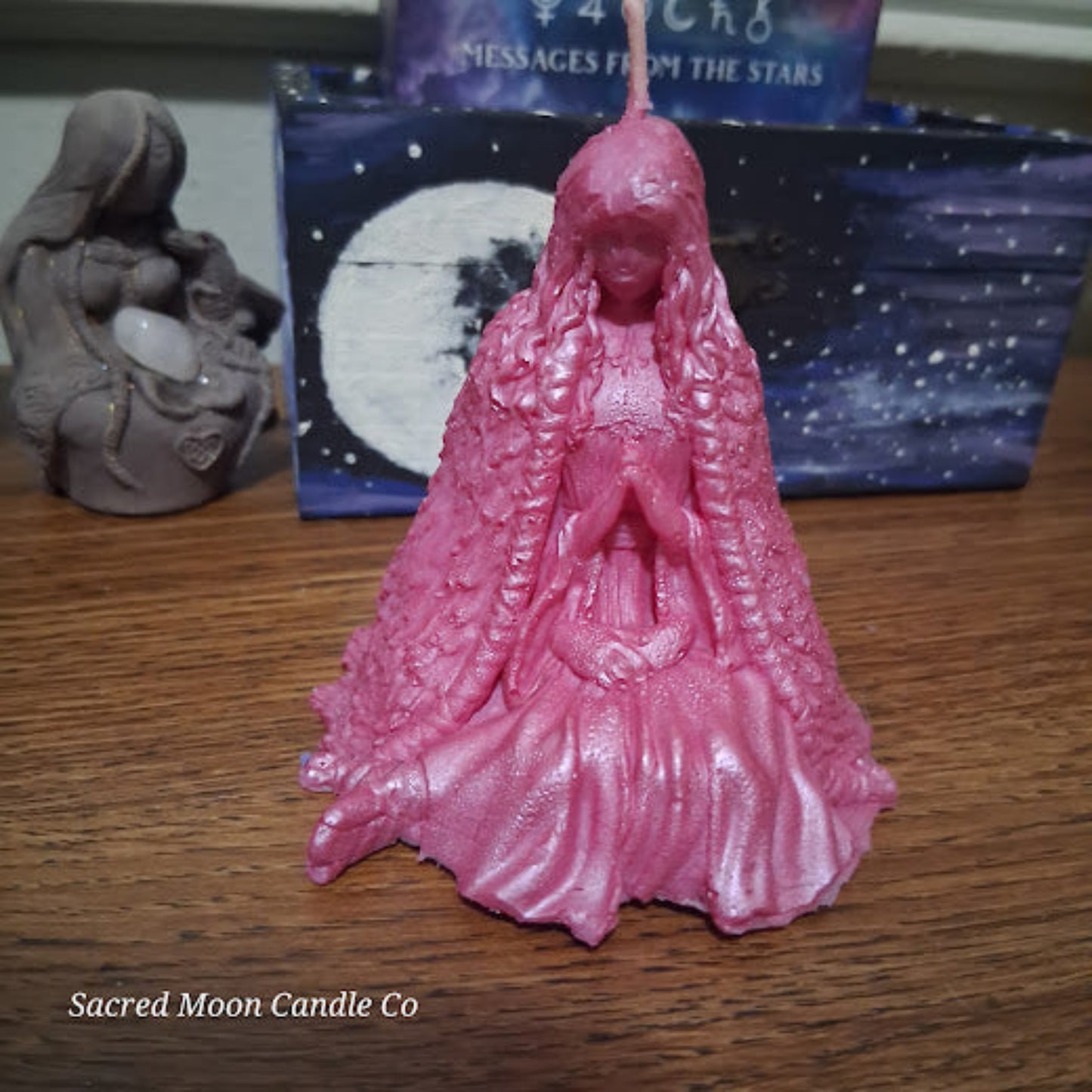 Sacred Moon Candle Co pink water lily goddess candle for altar soy beeswax blend seated praying figure