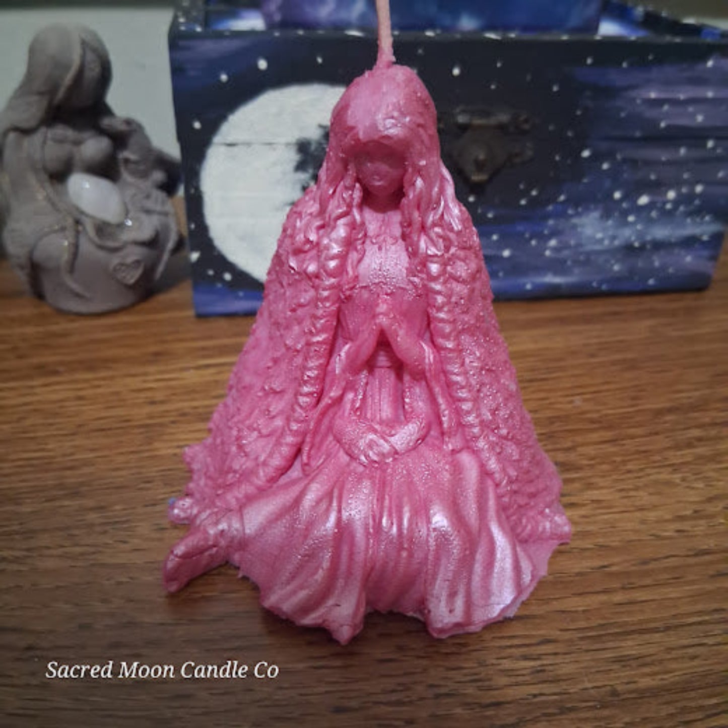 Sacred Moon Candle Co pink water lily goddess candle for altar soy beeswax blend seated praying goddess sculpted candle for altars