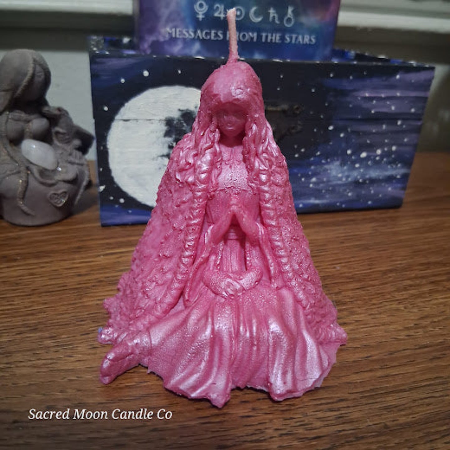 Sacred Moon Candle Co pink water lily goddess candle for altar soy beeswax blend detailed praying goddess figure candle