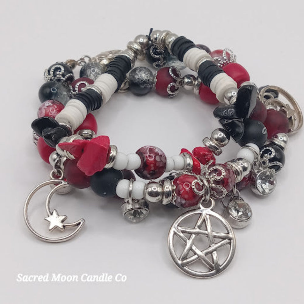 Sacred Moon Candle Co Triple Moon Goddess pentacle charm bracelet set with red black white beads