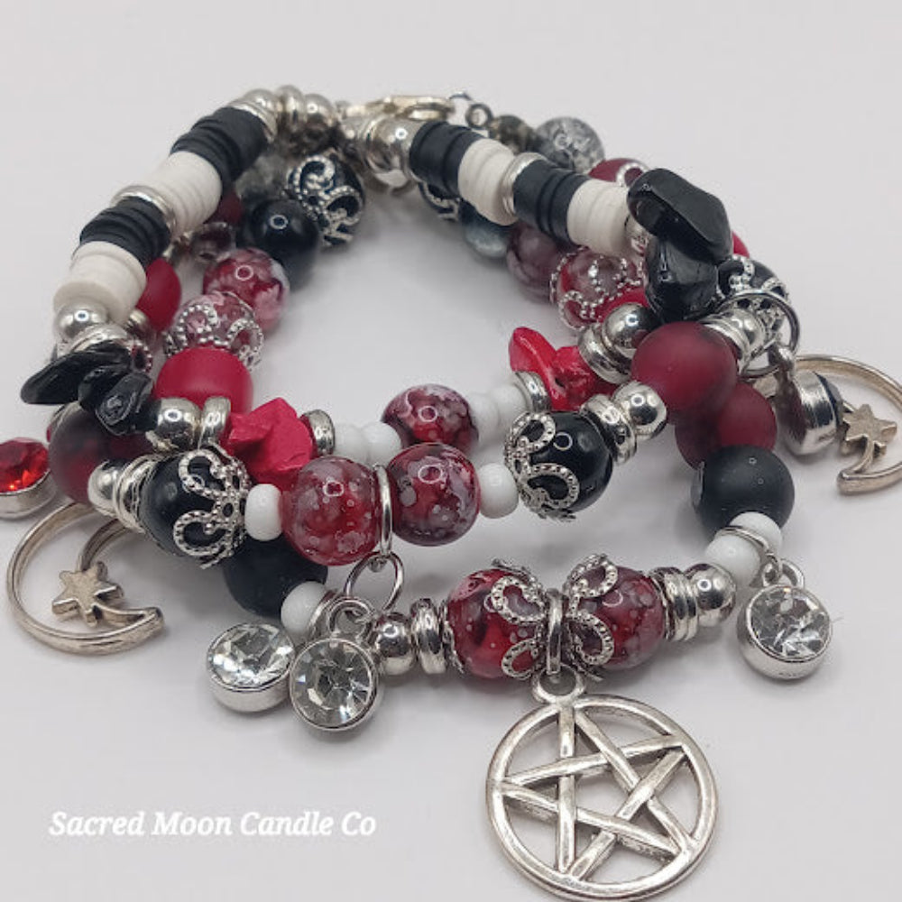 Triple Moon Goddess pentacle charm bracelet set with red black white beads and silver charms by Sacred Moon Candle Co