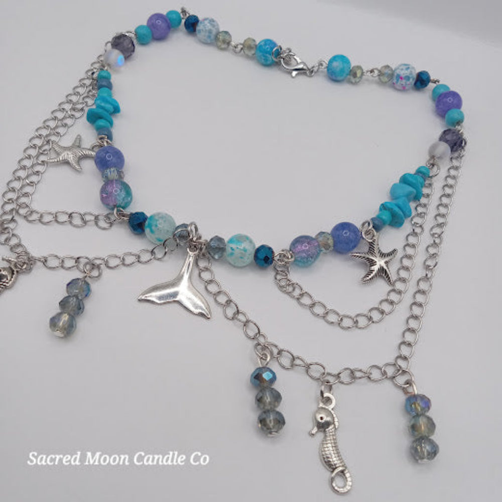 Mermaid tail choker necklace with blue and purple beads silver chains starfish and seahorse charms