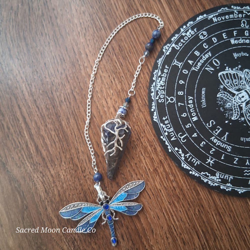 Sodalite and lapis lazuli pendulum with blue dragonfly charm on silver chain from Sacred Moon Candle Co