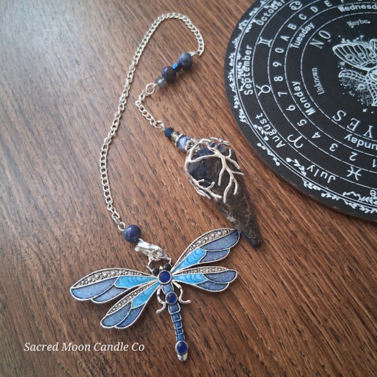 Sodalite and lapis lazuli pendulum with blue dragonfly charm on silver chain altar tool by Sacred Moon Candle Co