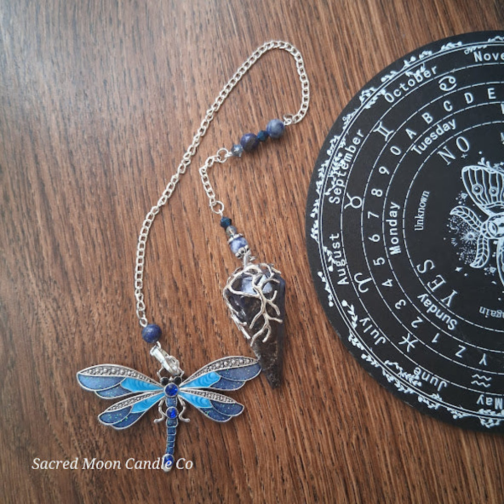 Sodalite and lapis lazuli pendulum with dragonfly charm on silver chain from Sacred Moon Candle Co altar tools