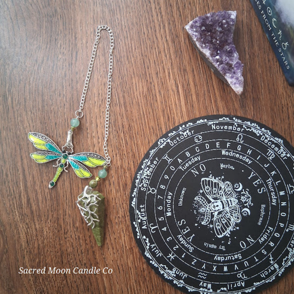 Unakite amazonite dragonfly pendulum altar tool with chain and amethyst crystal from Sacred Moon Candle Co