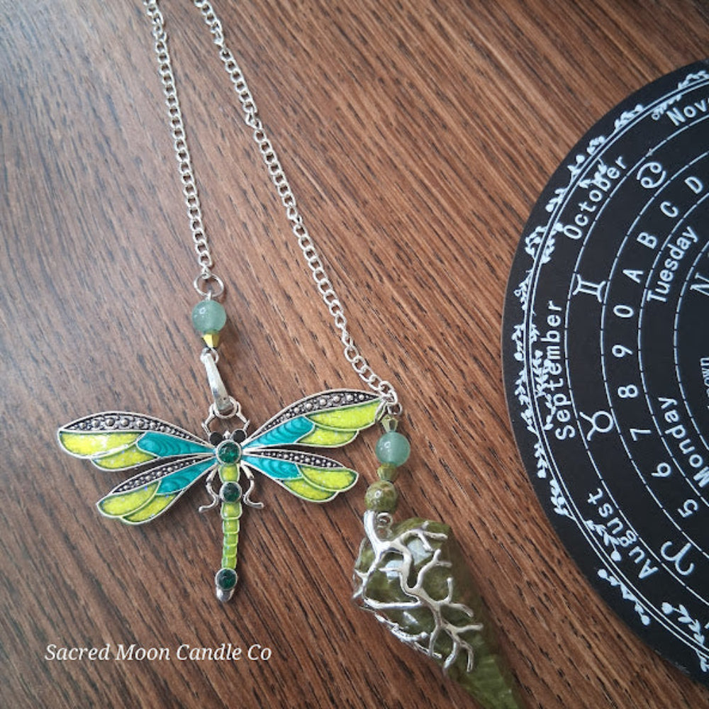 Unakite amazonite dragonfly pendulum with colorful dragonfly charm and green stone on silver chain by Sacred Moon Candle Co