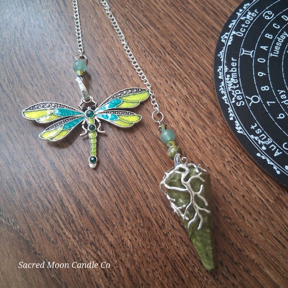 Unakite amazonite dragonfly pendulum with silver chain and green stone by Sacred Moon Candle Co altar tools