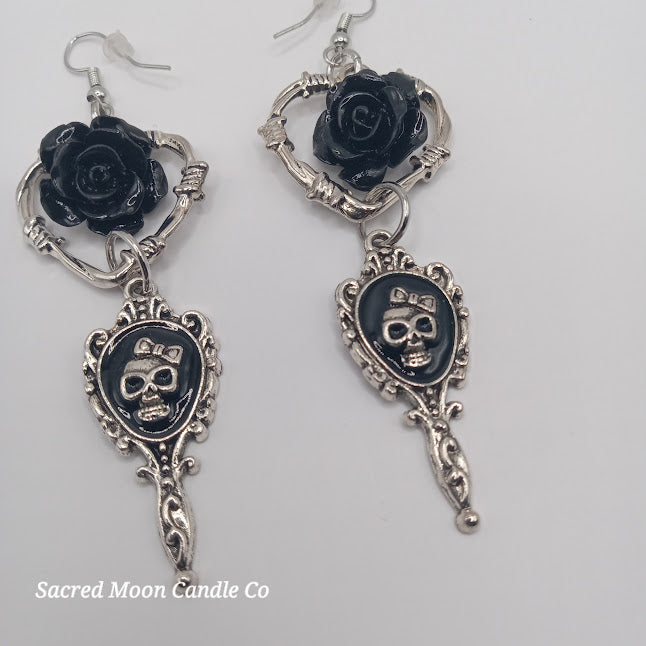 Sacred Moon Candle Co beautiful death hand mirror skull gothic heart rose dangle earrings