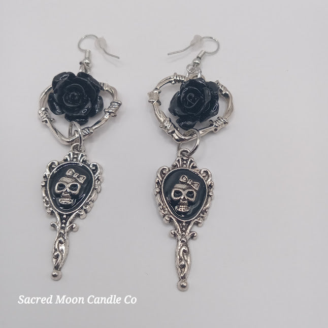 Beautiful death black hand mirror skull gothic heart rose dangle earrings by Sacred Moon Candle Co