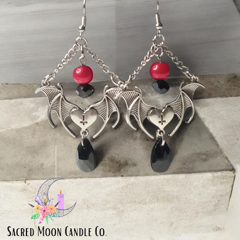 Sacred Moon Candle Co gothic bat jewelry set earrings with red and black beads and silver bat charms