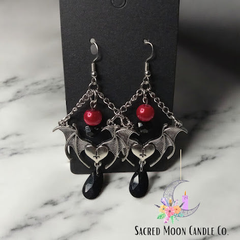 Sacred Moon Candle Co gothic bat jewelry set earrings with silver bats black and red beads